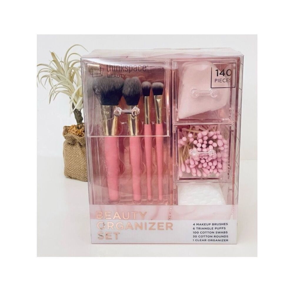 NWT Thinkspace Beauty 140 Pieces Clear Pink Organizer Set 4 Brushes, Cotton etc